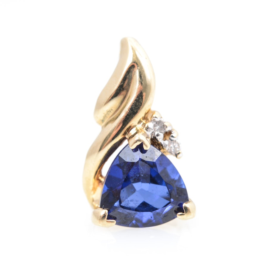 14K Yellow Gold Synthetic Sapphire and Diamond Pendant