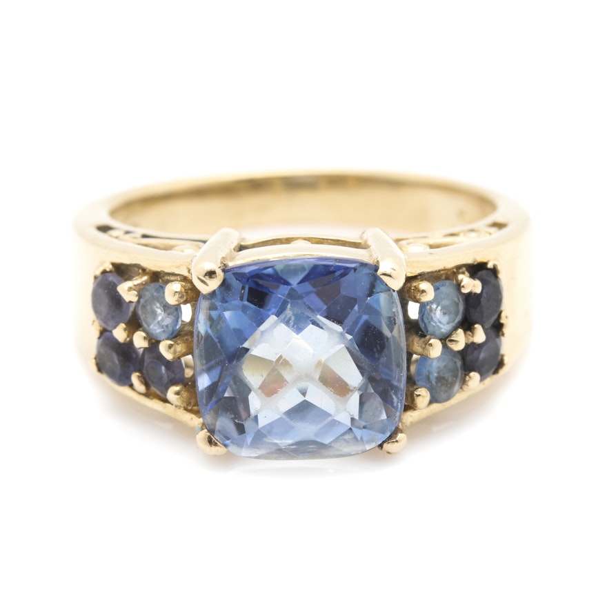 14K Yellow Gold Mystic Topaz Ring with Iolite and Topaz