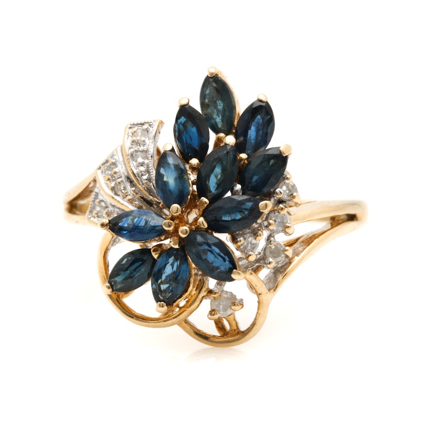 14K Yellow Gold Sapphire and Diamond Ring With White Gold Accents
