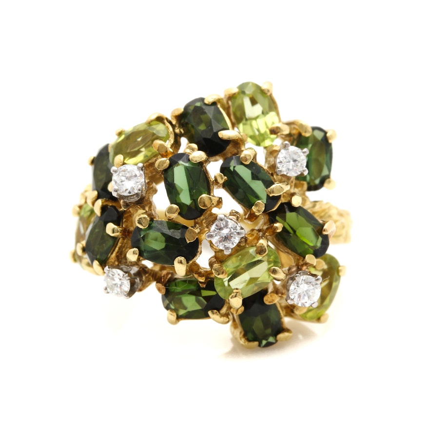 14K Yellow Gold Green Tourmaline and Diamond Cluster Ring