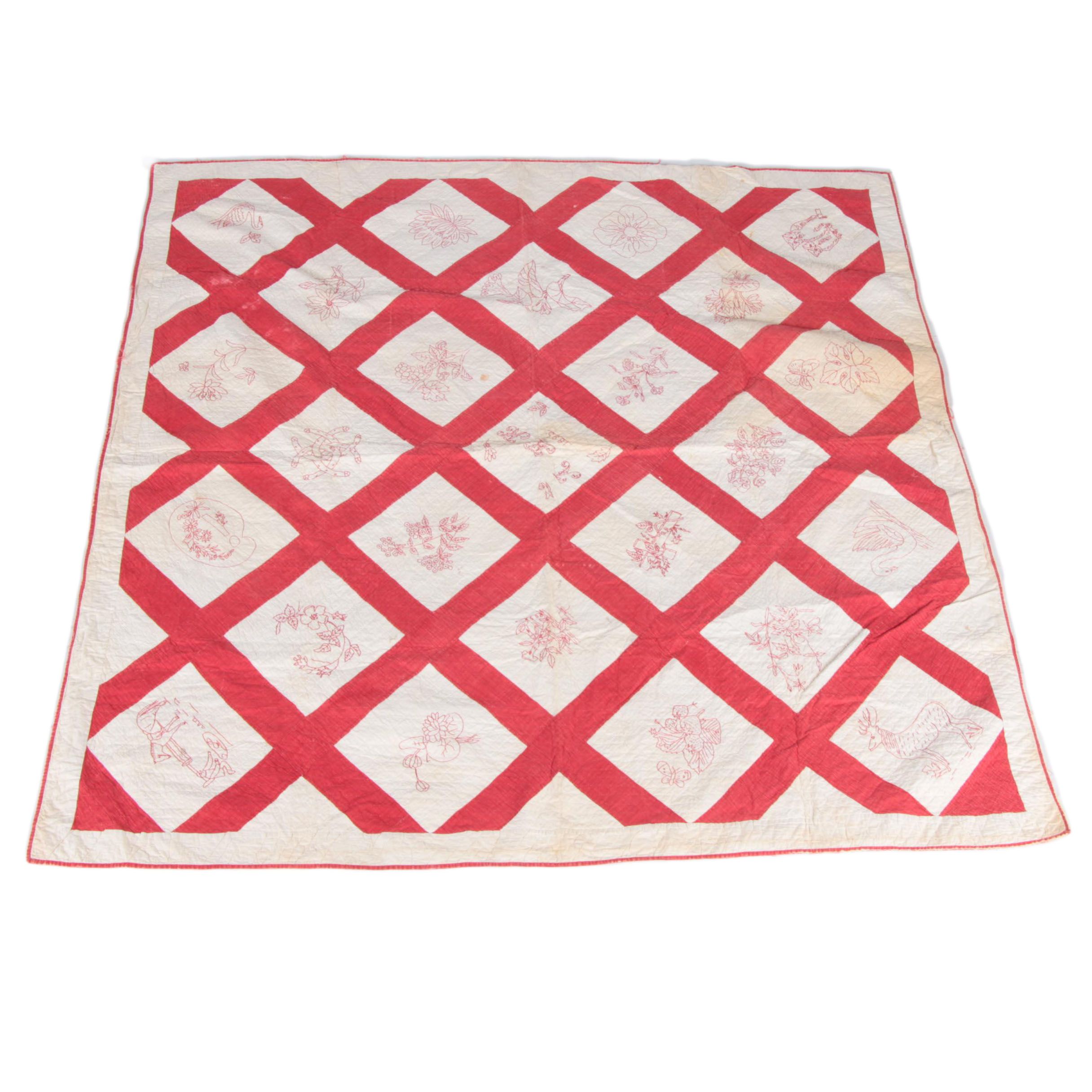 1895 Hand Sewn and Embroidered "Lattice" Quilt