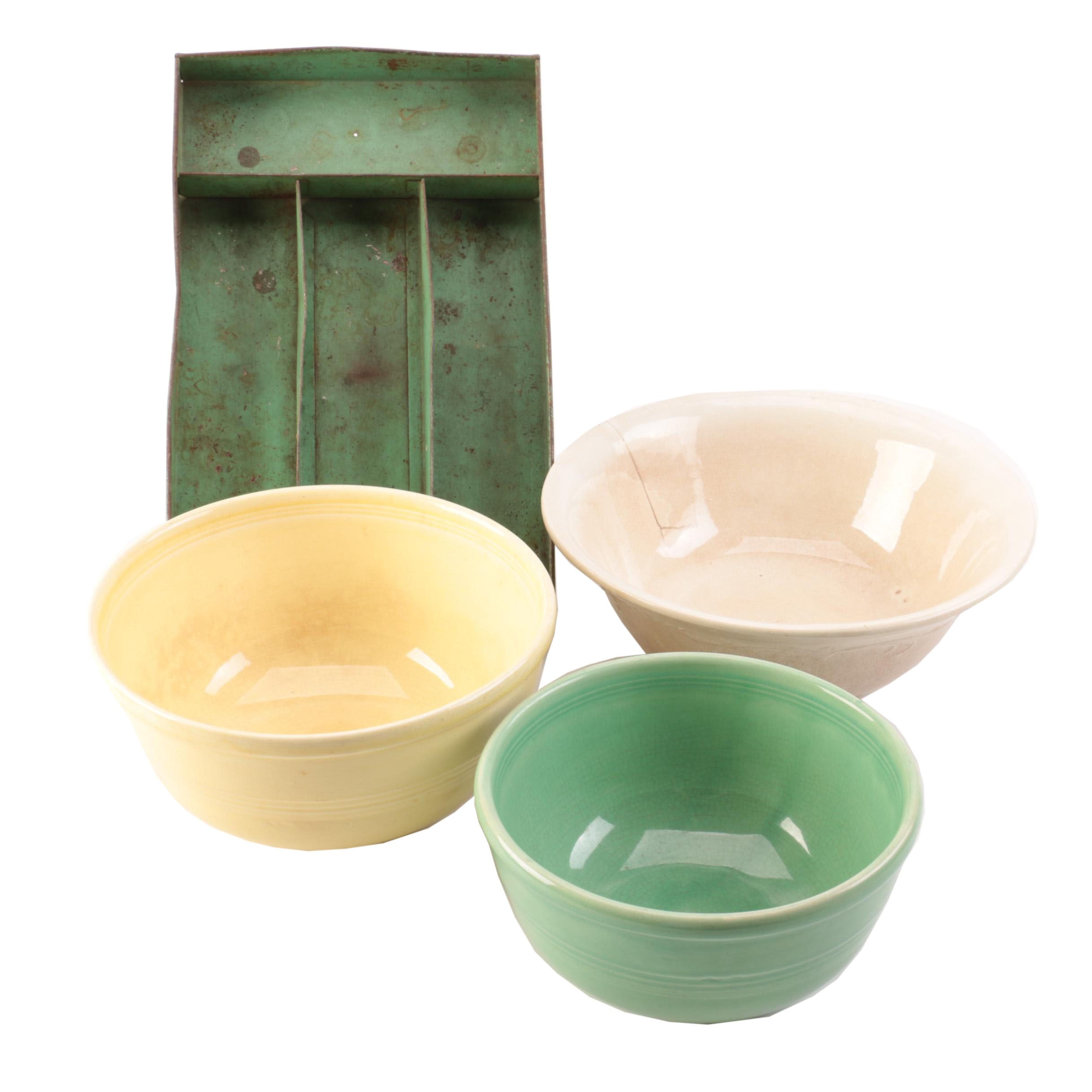 Sevilla Pottery Mixing Bowls and Metal Utensil Storage Tray