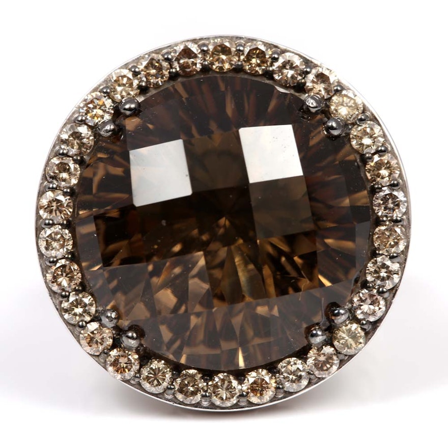 Sterling Silver 16.50 CT Smoky Quartz and Brown Diamond Halo Ring