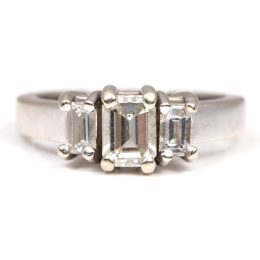 14K White Gold Three-Stone Emerald Cut 1.10 CTW Diamond Ring