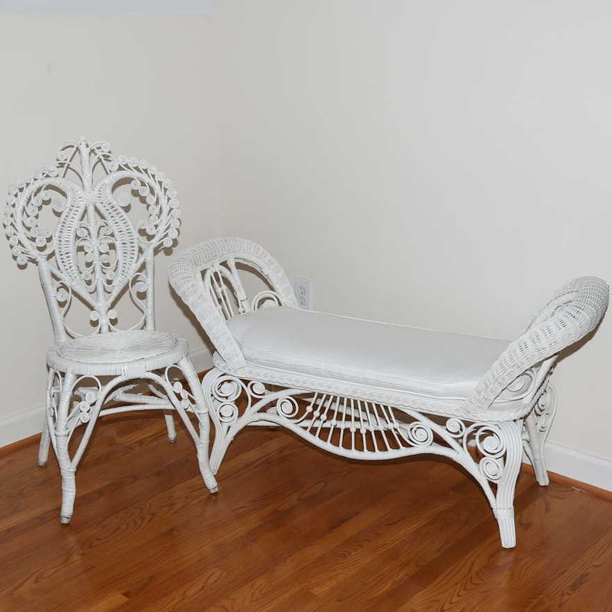 White Wicker Chair and Bench