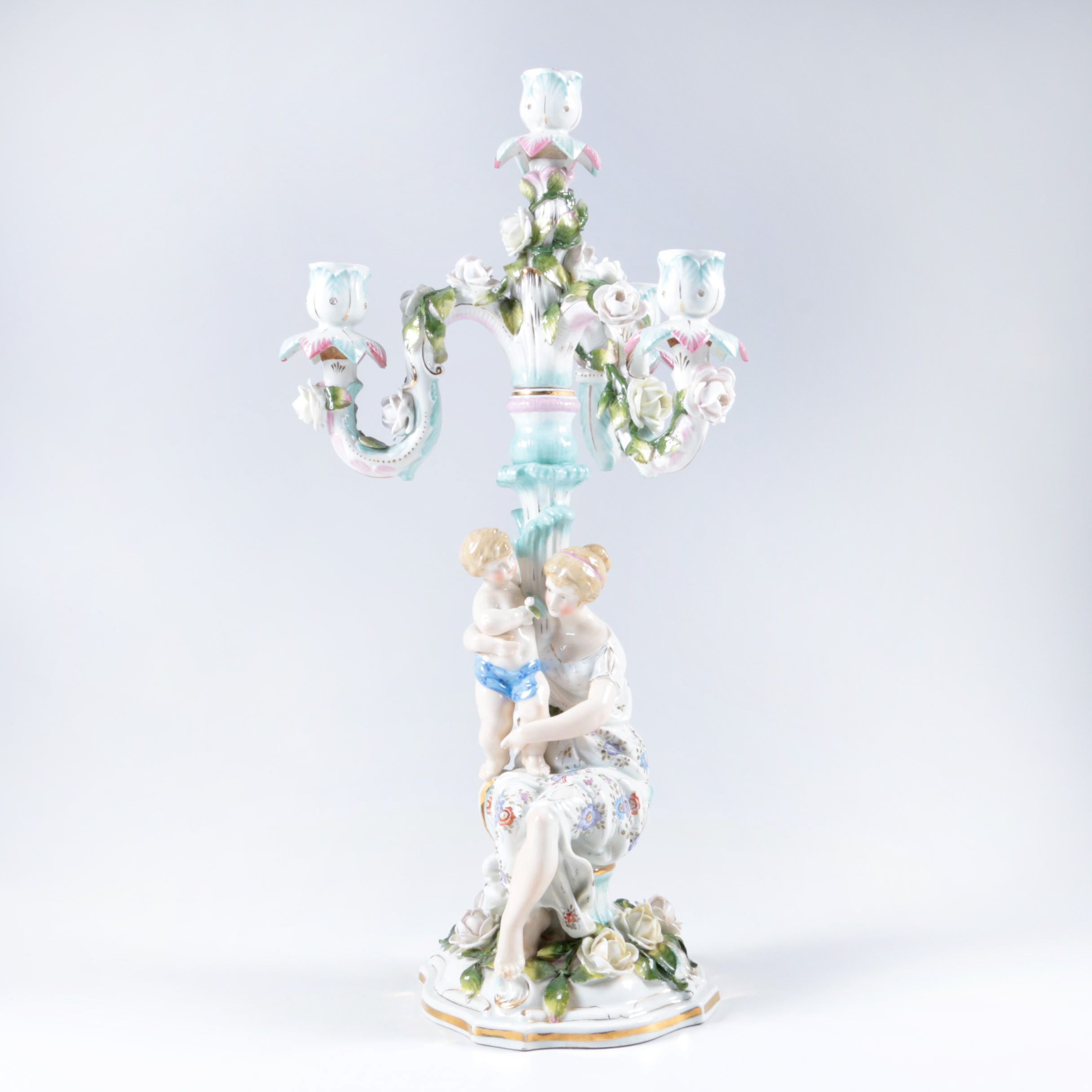 Antique Meissen Hand-Painted Porcelain Figural Candelabra
