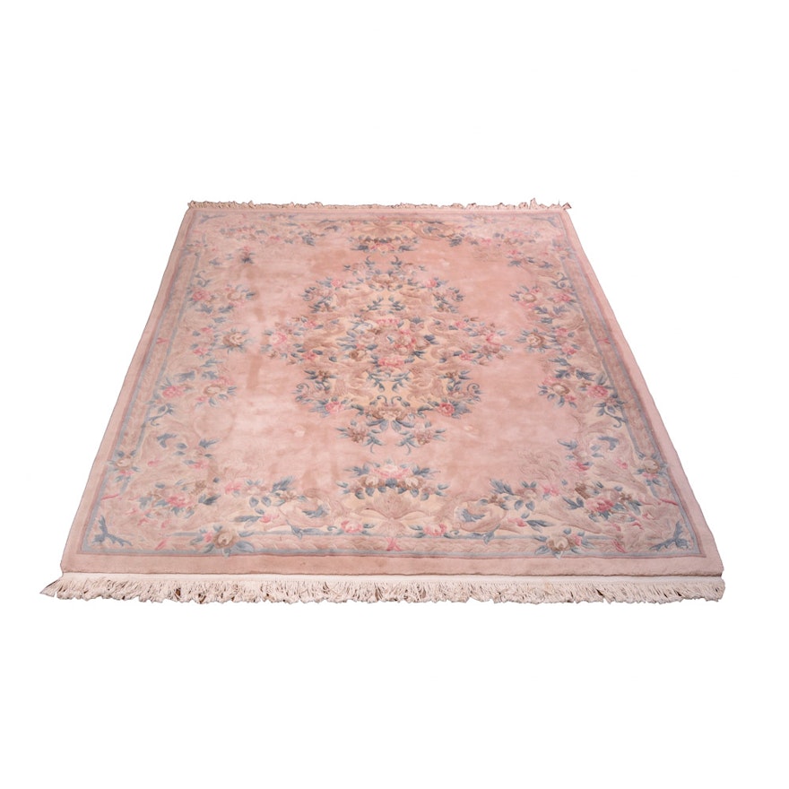 Hand-Knotted Pink Carved Wool Chinese Area Rug