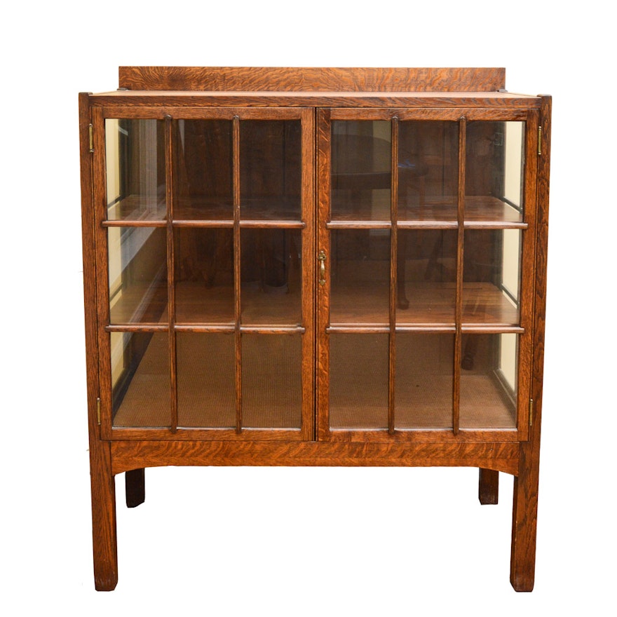 Antique Arts and Crafts Style Oak Cabinet with Glass Paned Doors and Sides