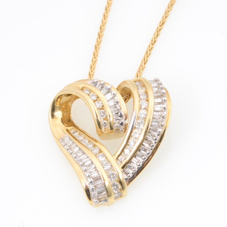 14K Yellow Gold Stylized Heart Shaped Diamond Necklace