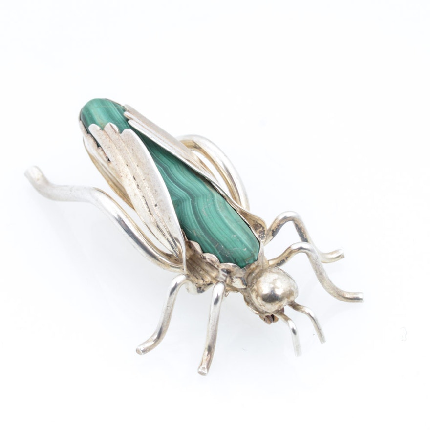 Sterling Silver Malachite Brooch