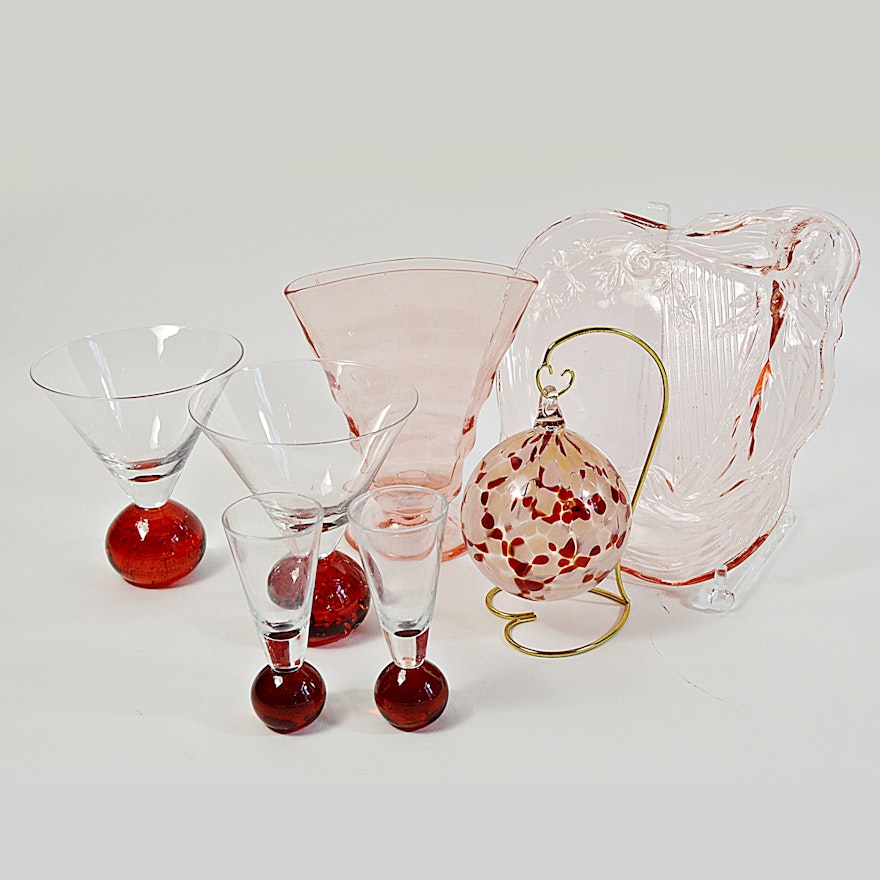 Pink and Red Glassware with Handblown Ornament