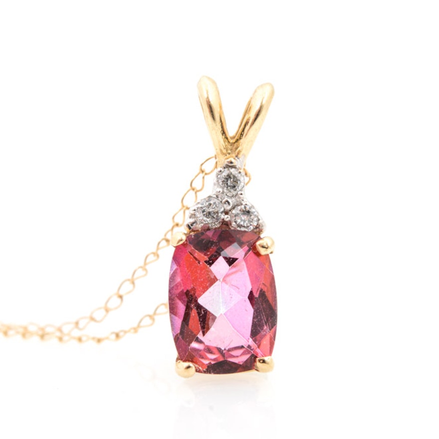 14K Yellow Gold Pink Tourmaline and Diamond Necklace