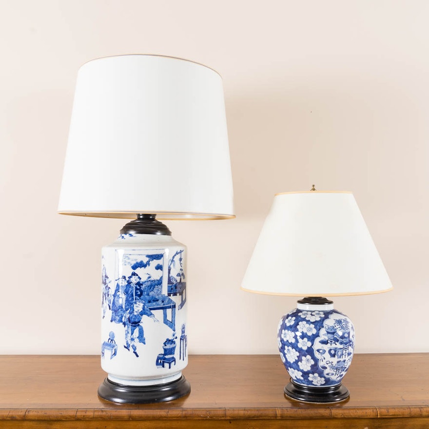 Two Asian Style Blue and White Ceramic Lamps