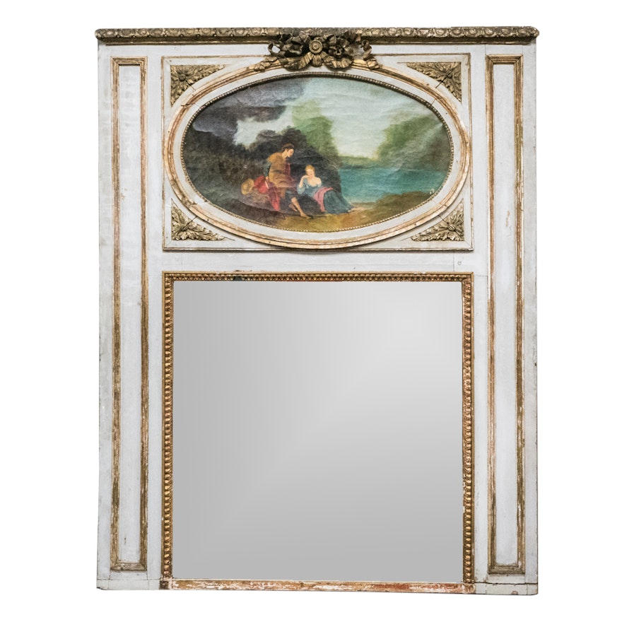 Antique Trumeau Mirror with Painting of Romantic Couple