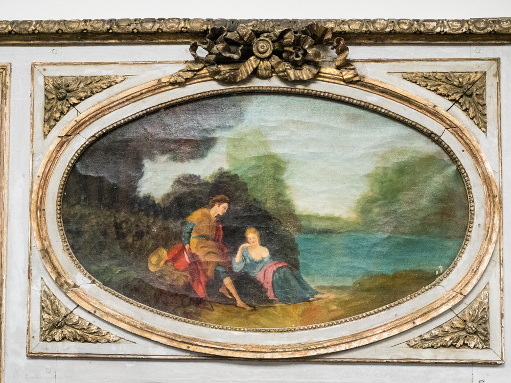 Antique Trumeau Mirror with Painting of Romantic Couple
