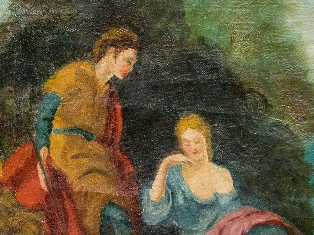 Antique Trumeau Mirror with Painting of Romantic Couple