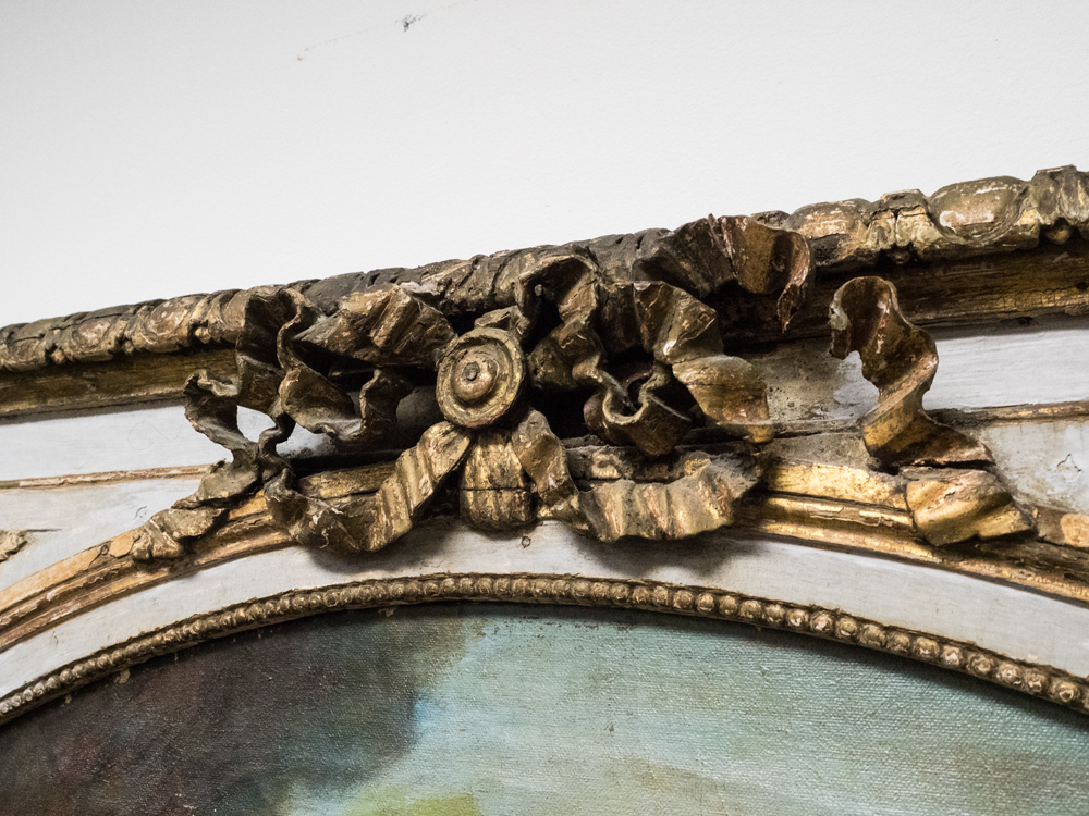 Antique Trumeau Mirror with Painting of Romantic Couple