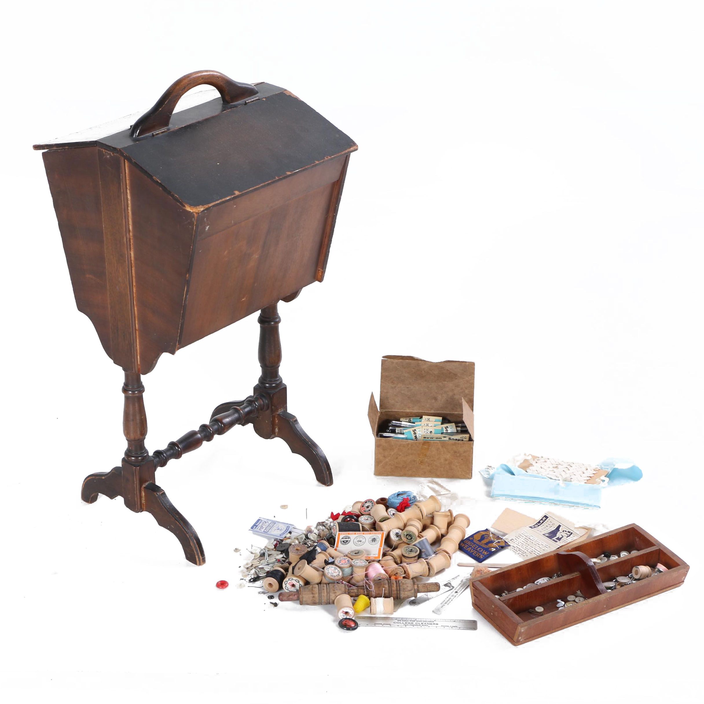 Vintage Standing Sewing Box and Supplies