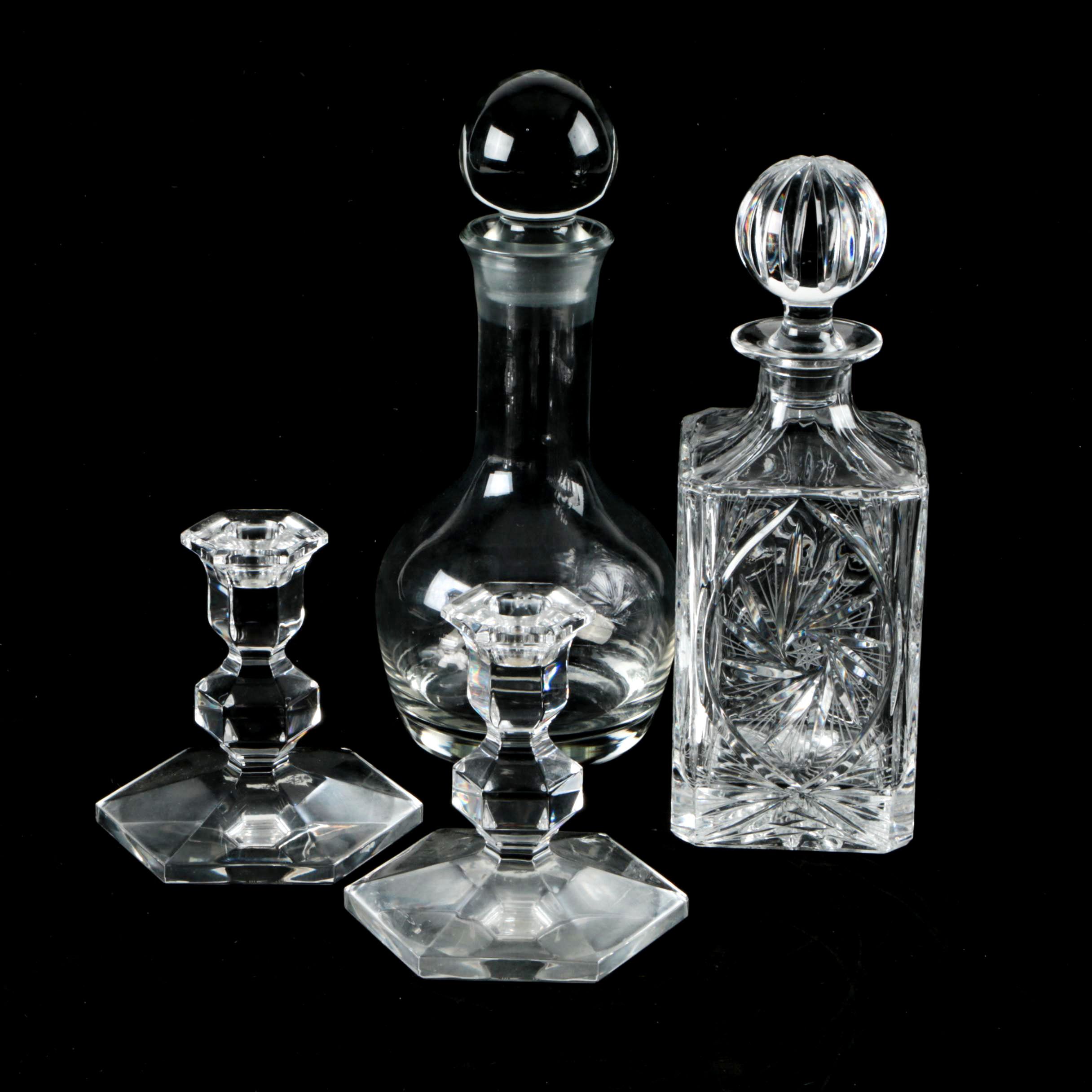 Crystal and Glass Decanters and Candle Sticks