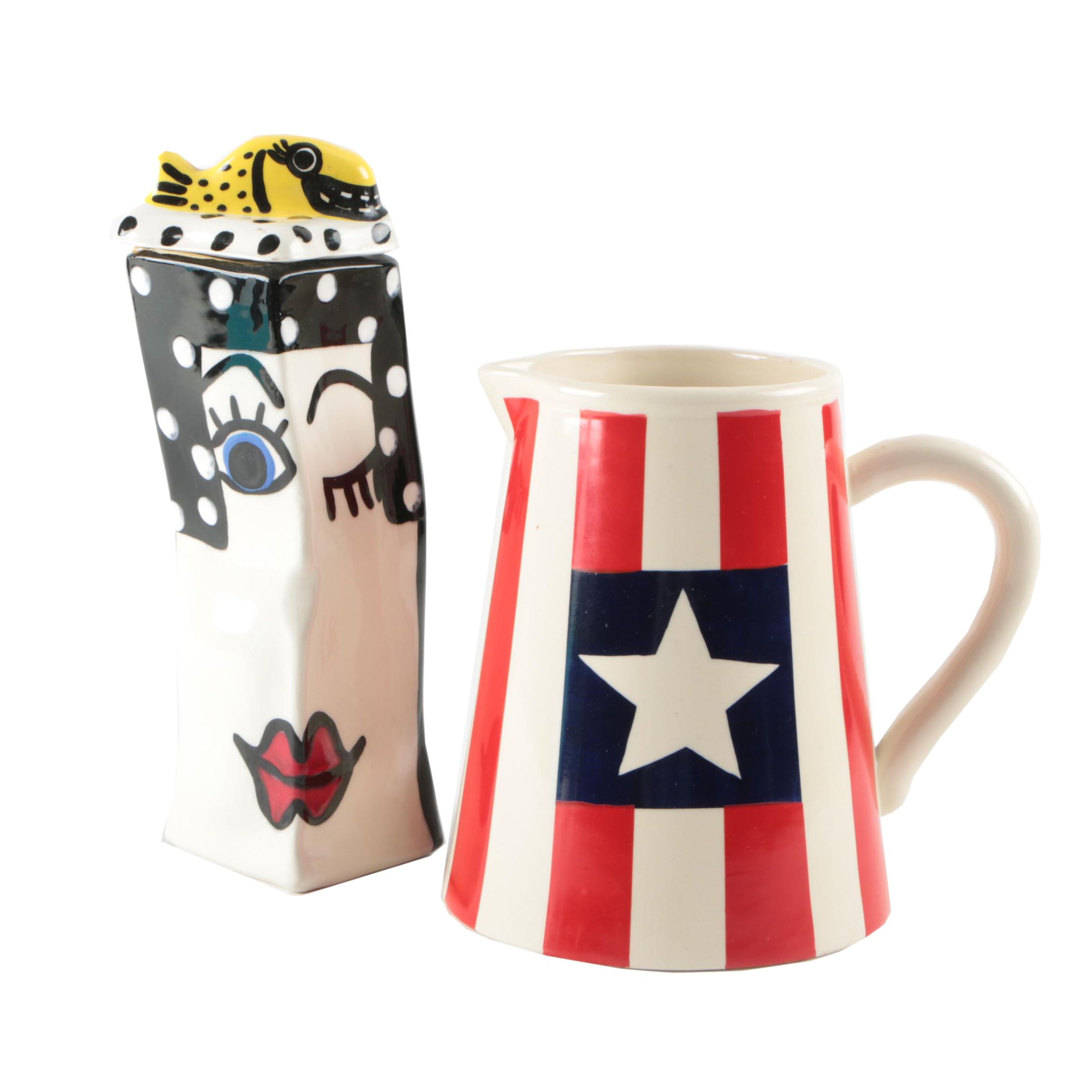 Decorative Pottery Canister and Pitcher