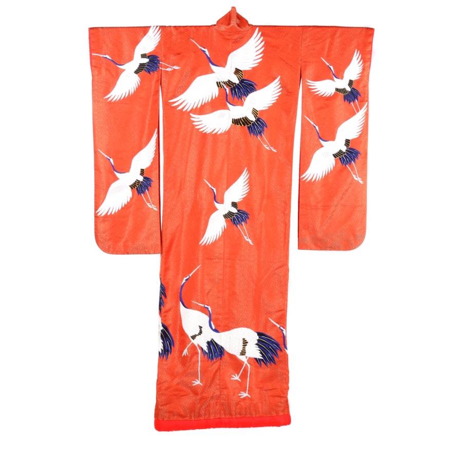 Circa 1950s Vintage Hand Sewn Silk Satin Uchikake Kimono