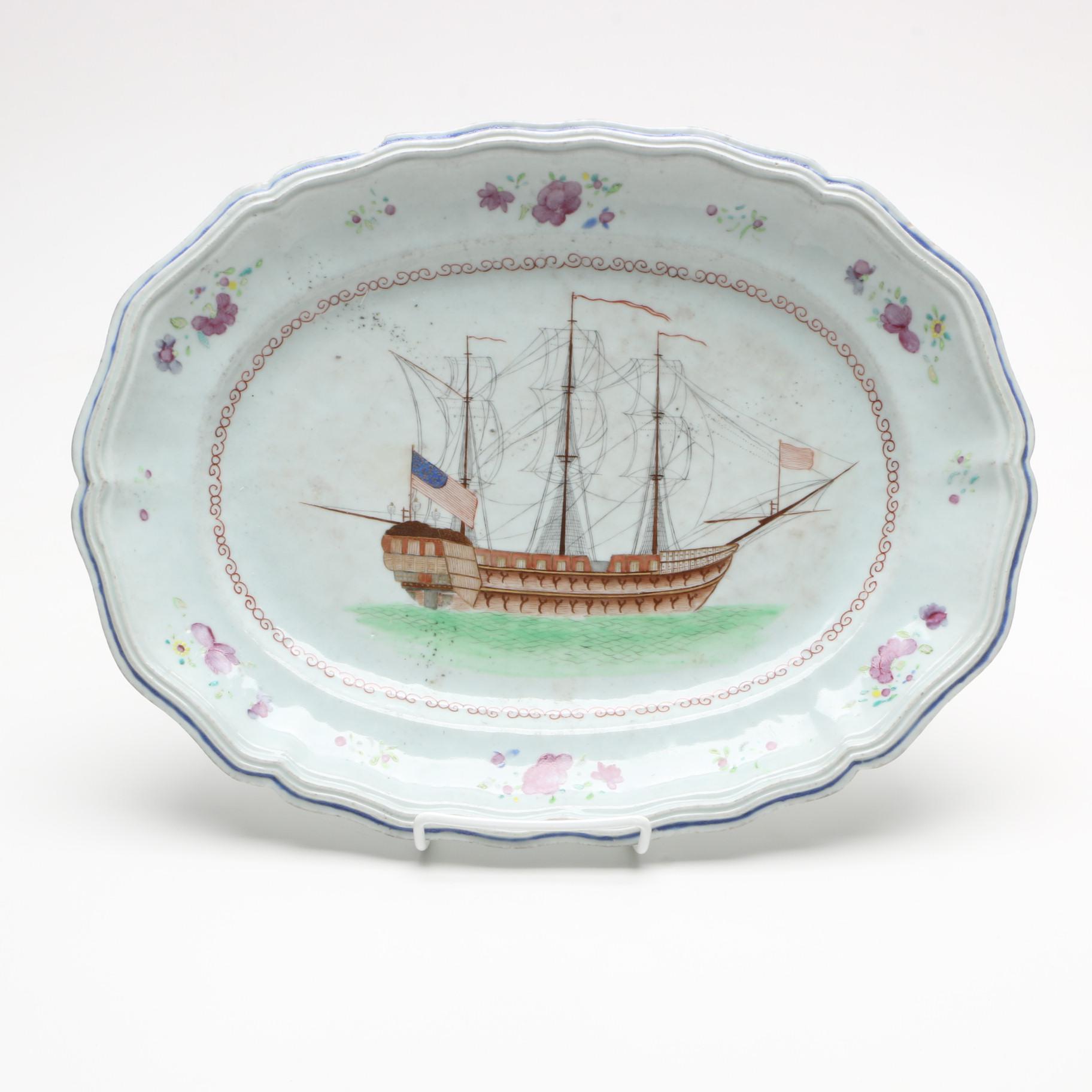 Antique Chinese Export Meat Dish with Ship Scene