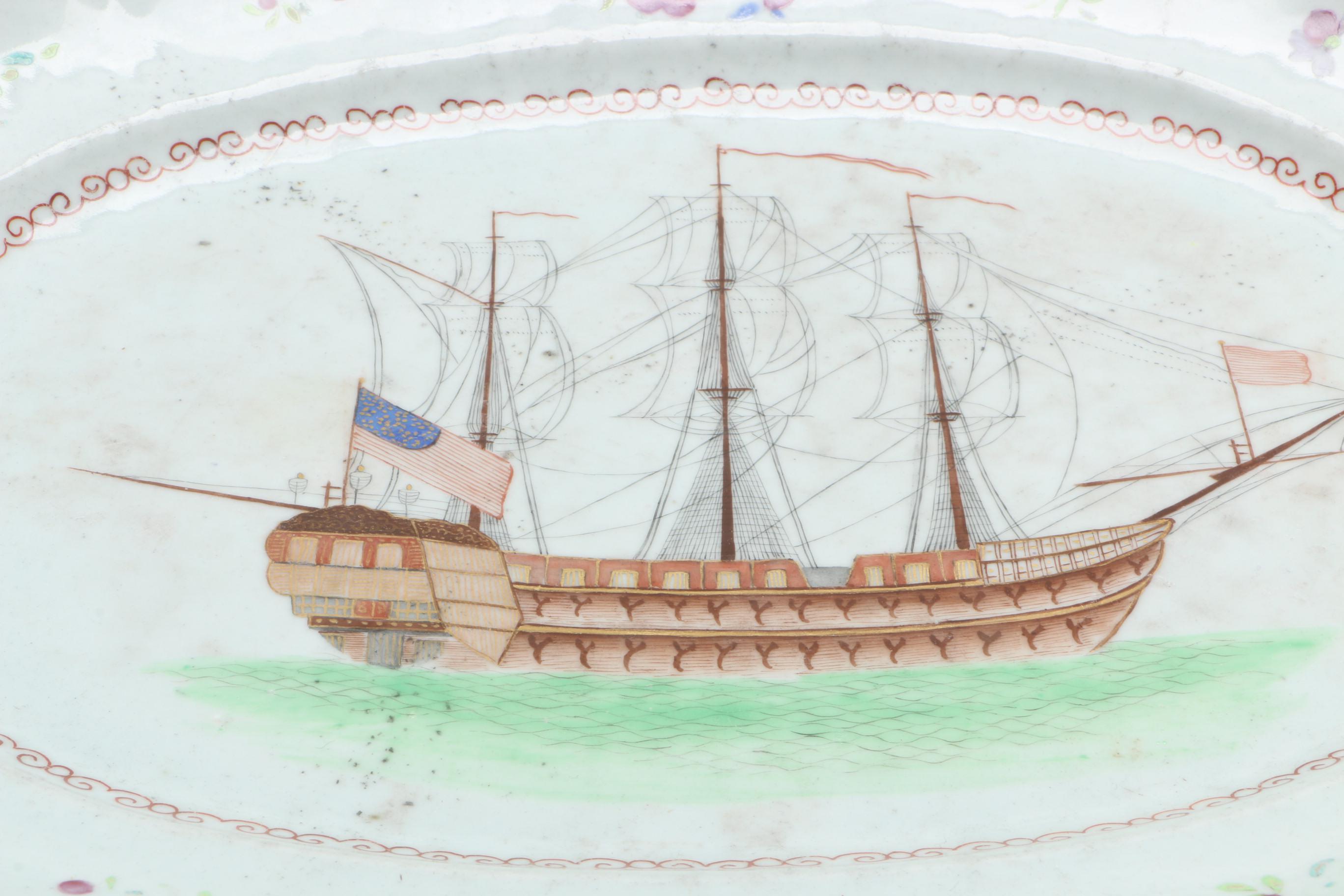 Antique Chinese Export Meat Dish with Ship Scene