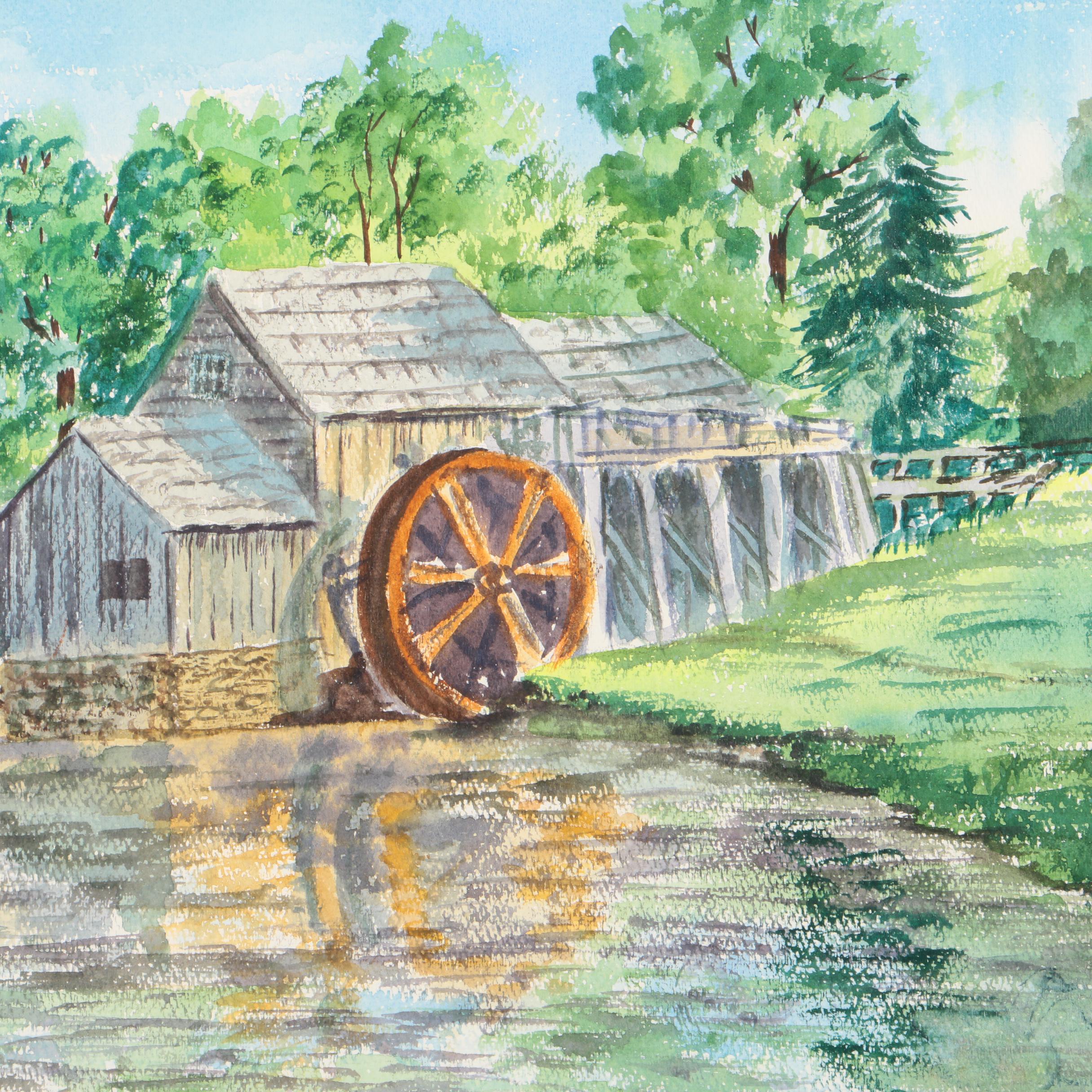 Briddell Signed Watercolor on Paper of a Water Mill