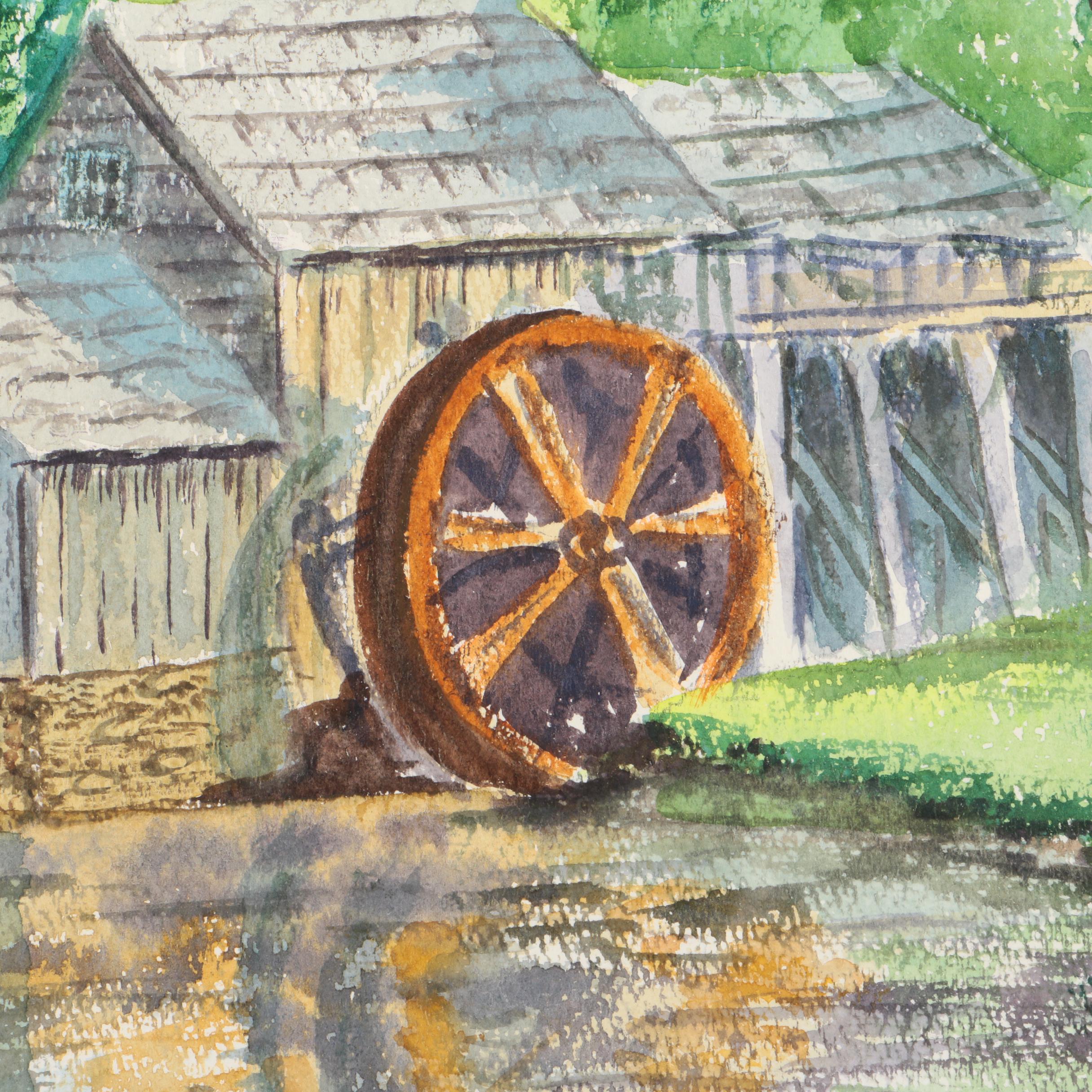 Briddell Signed Watercolor on Paper of a Water Mill