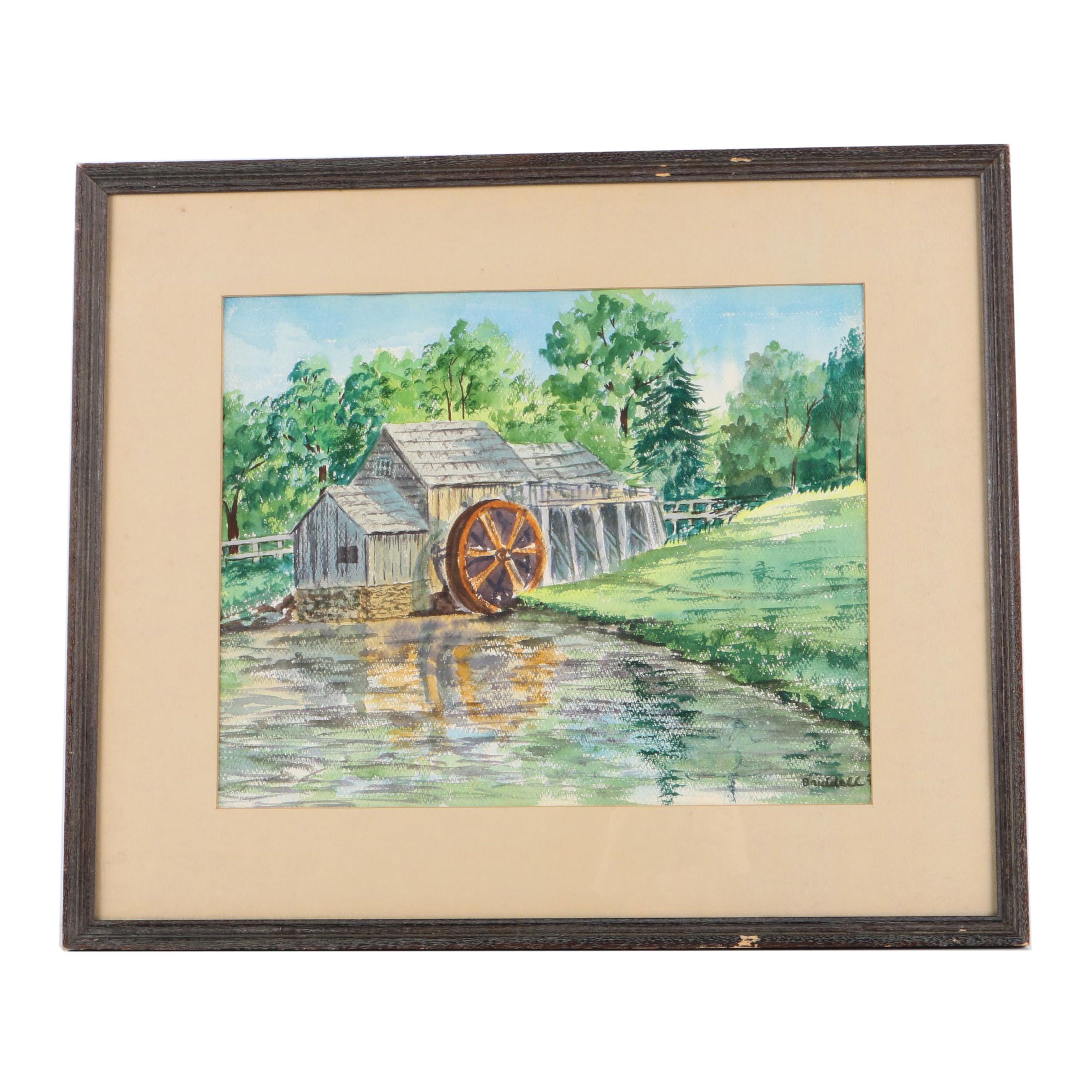 Briddell Signed Watercolor on Paper of a Water Mill