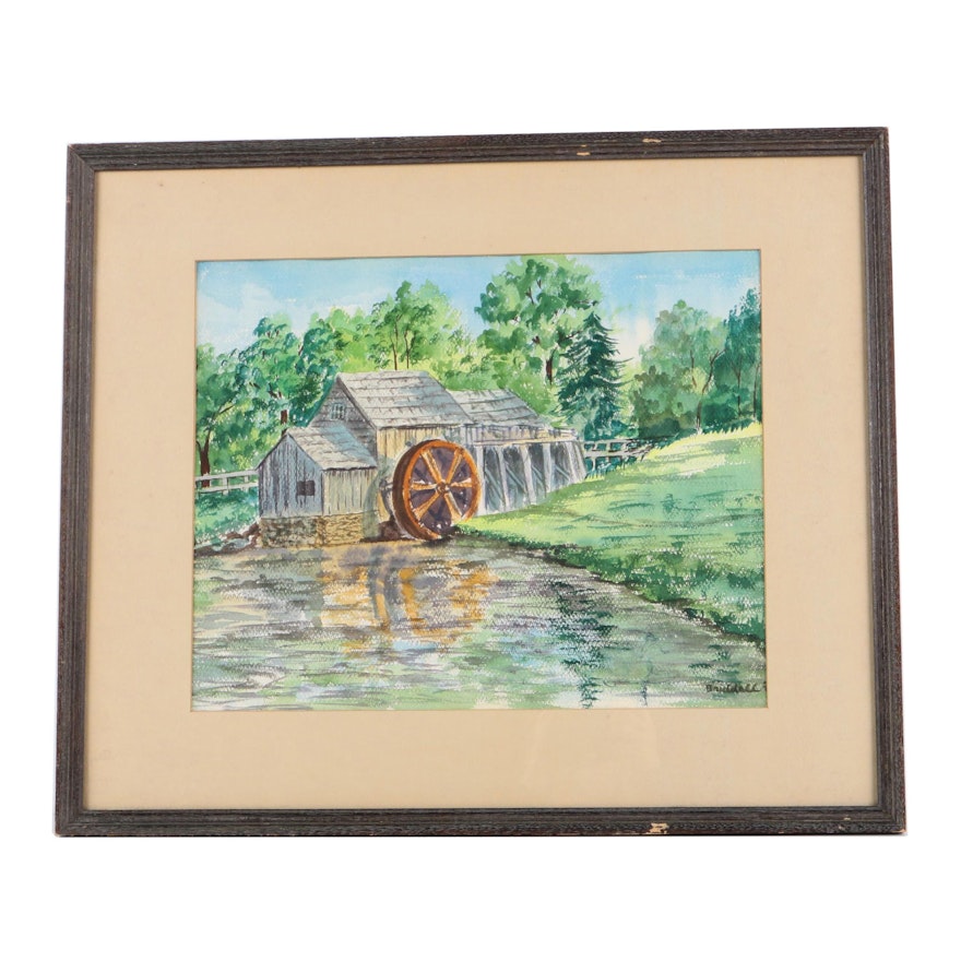 Briddell Signed Watercolor on Paper of a Water Mill