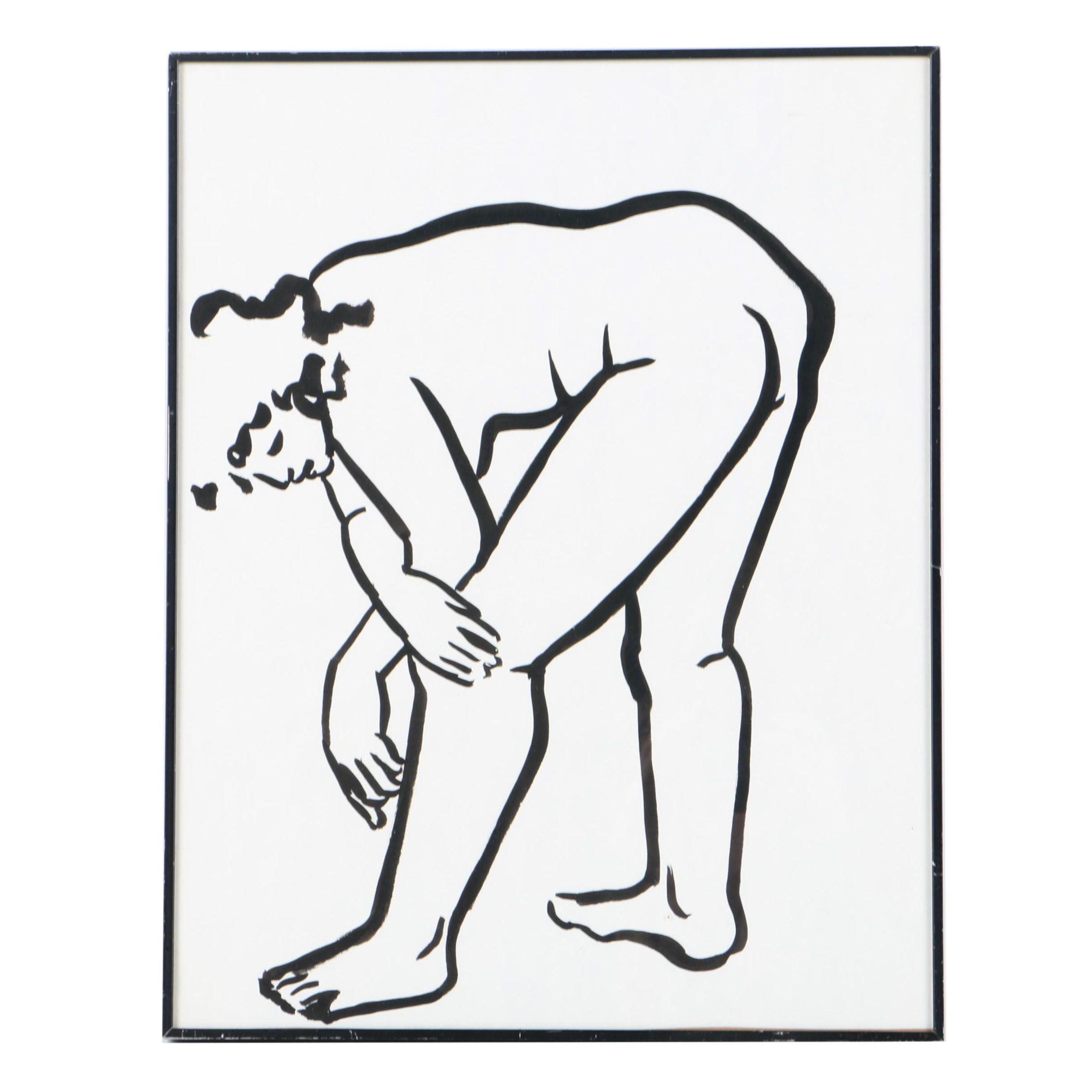 Ann Bruce Stoddard Ink Wash "Nude Bending Down"