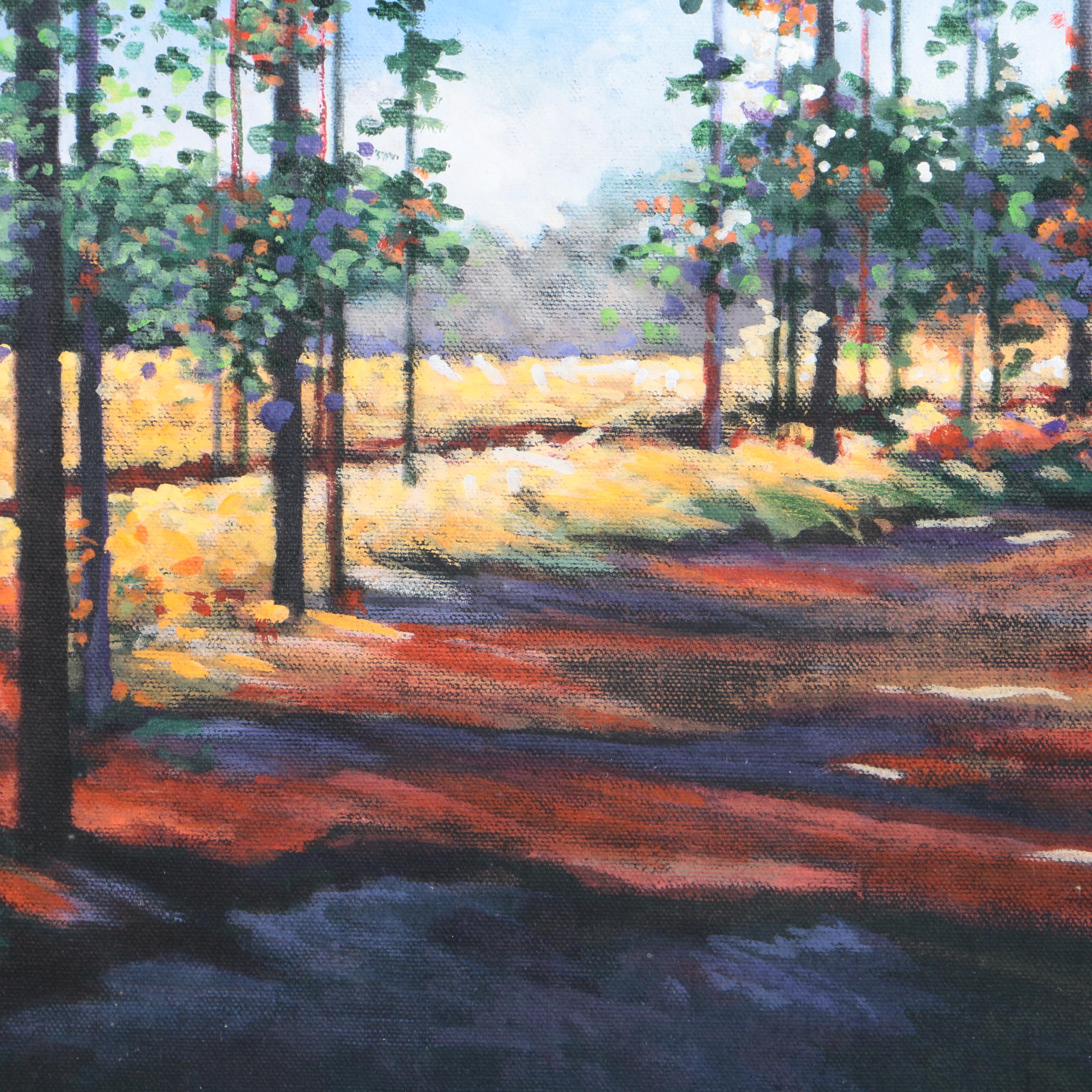 Judith Schonebaum Acrylic on Canvas of a Wooded Landscape