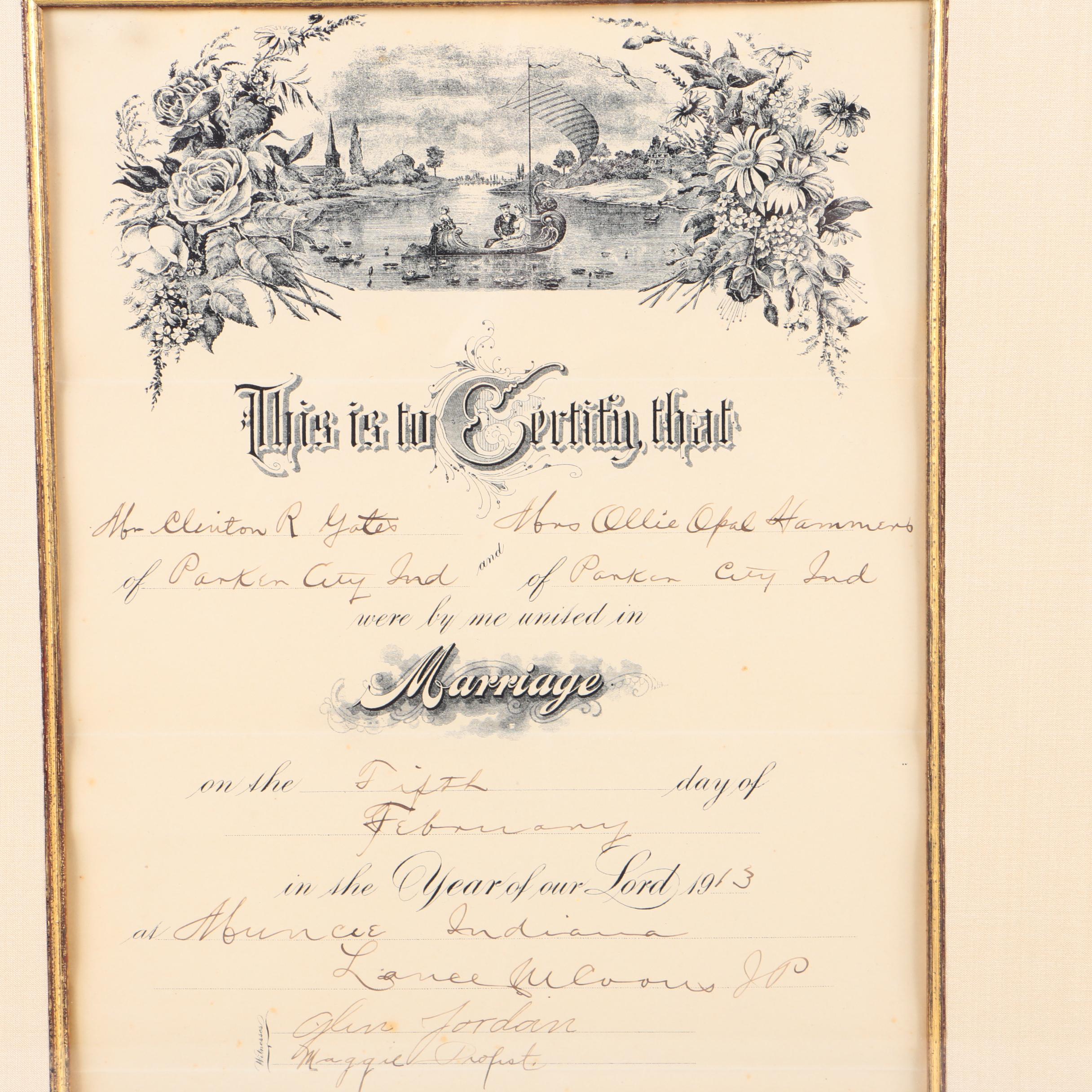 Framed Antique 1913 Marriage Certificate