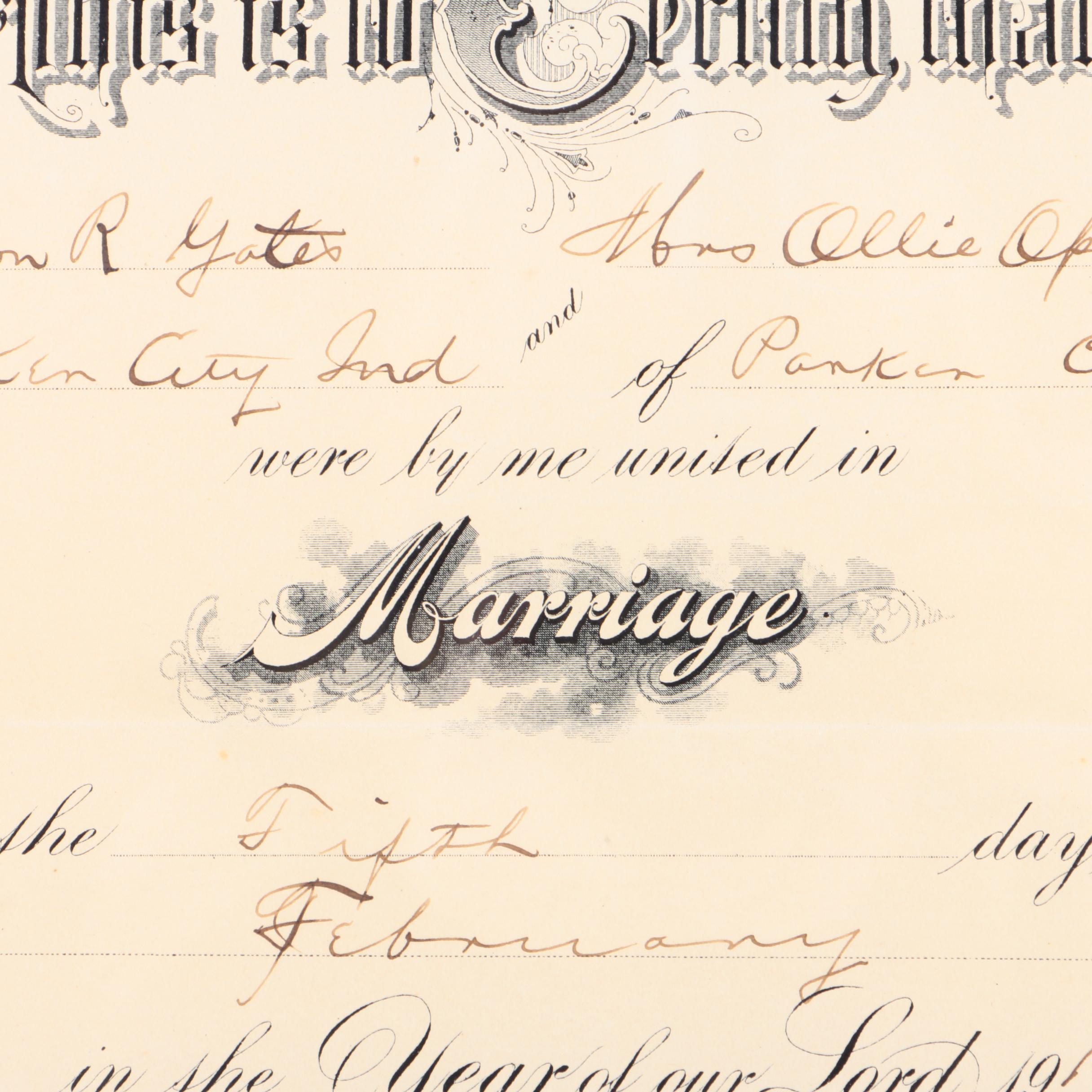 Framed Antique 1913 Marriage Certificate