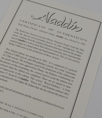 Walt Disney 1993 Limited Edition Sericel "Royal Embrace" After Aladdin