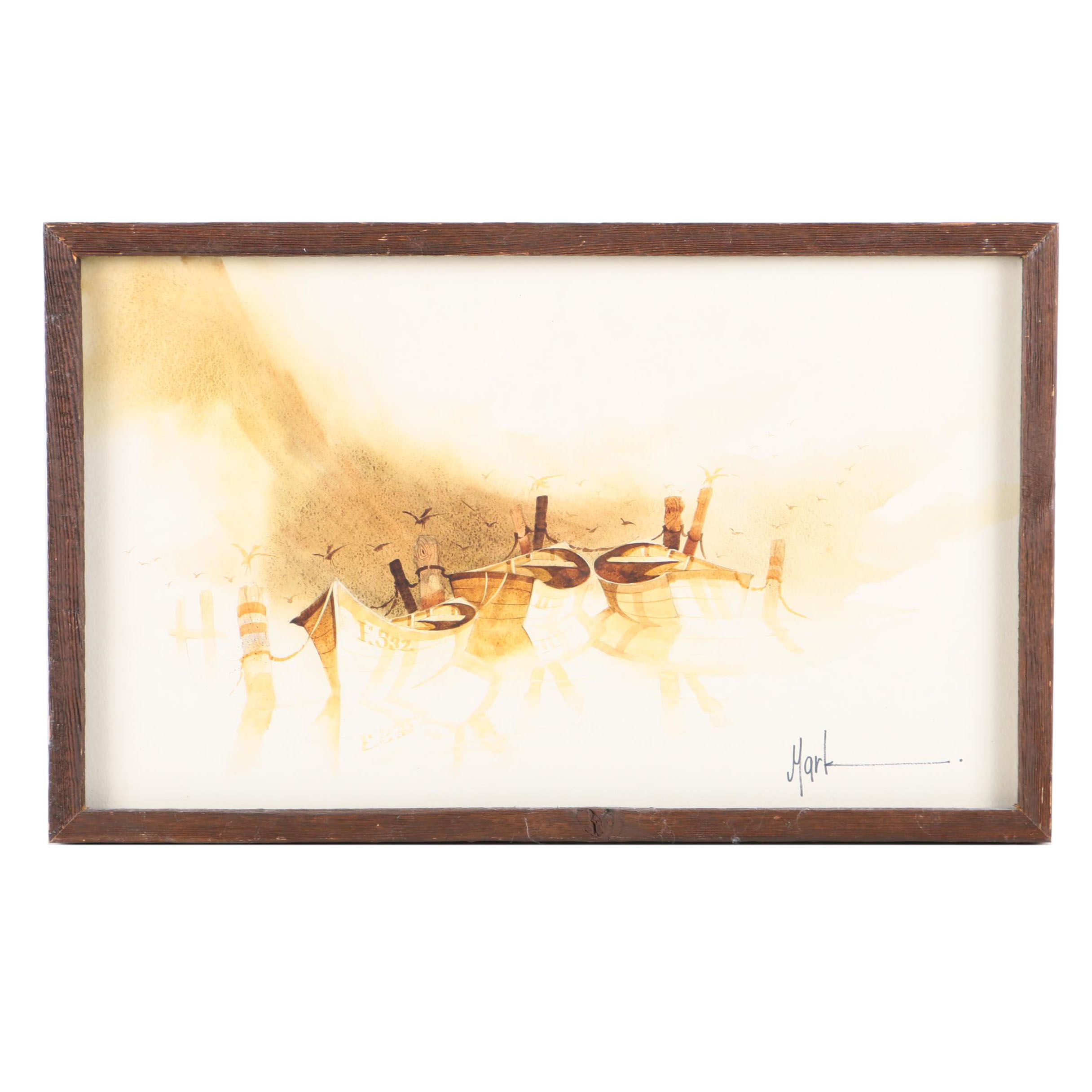 Mark Polomchak Watercolor Painting on Paper of Rowboats