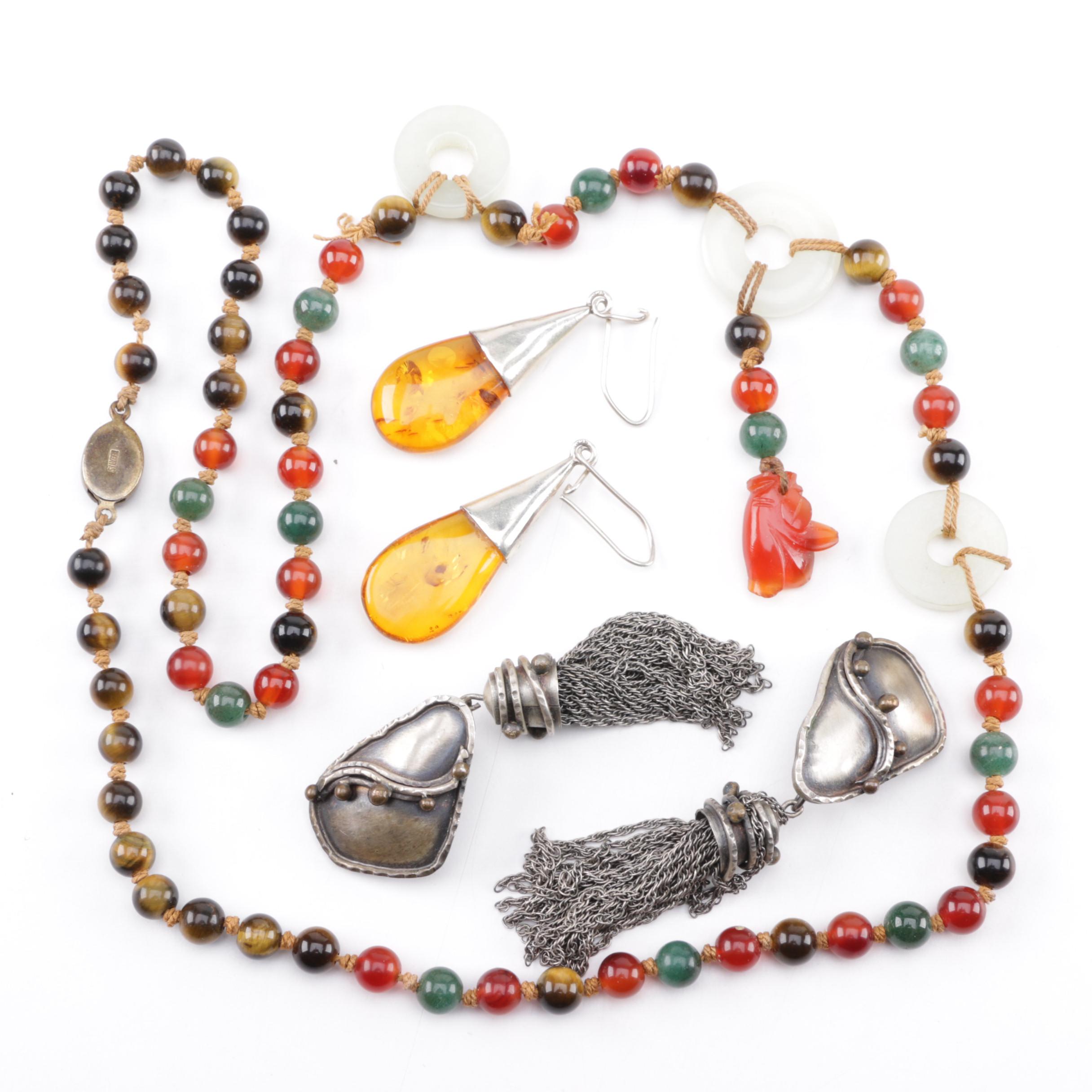 Sterling Silver Necklace and Earrings Including Gemstones