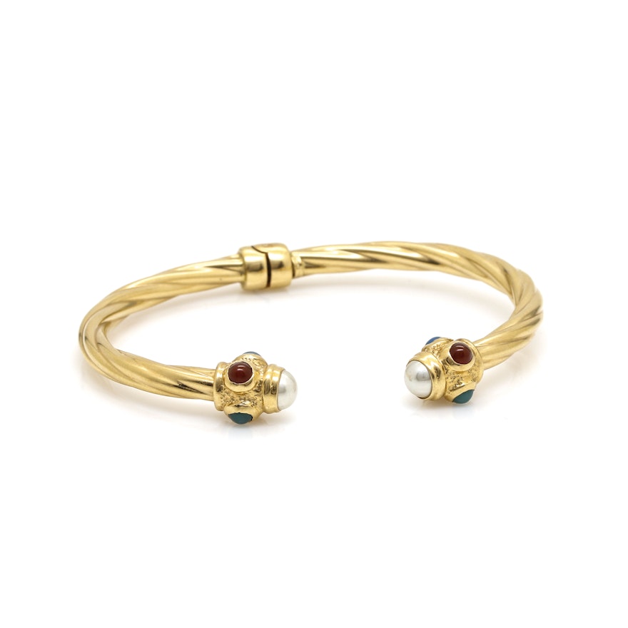 18K Yellow Gold Pearl and Gemstone Hinged Bangle Bracelet