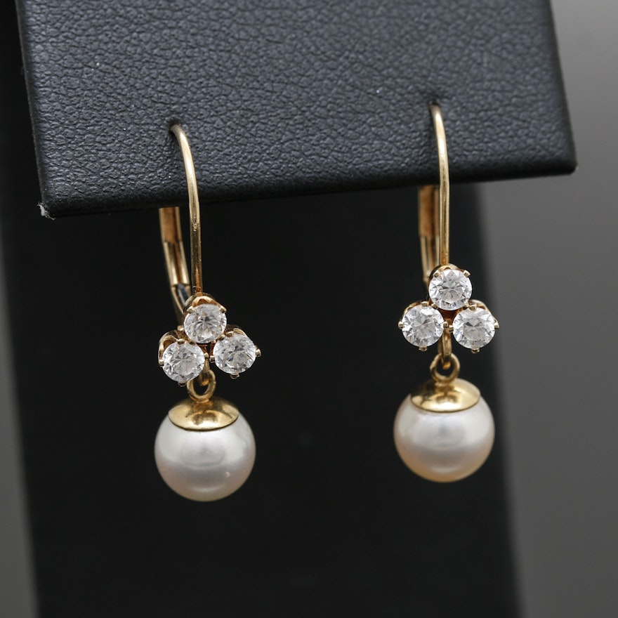 14K Yellow Gold Cultured Pearl and Cubic Zirconia Earrings