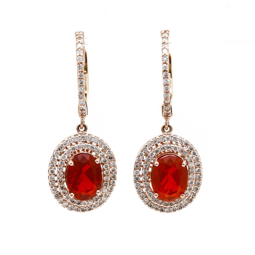14K Rose Gold Fire Opal and Diamond Lever Back Earrings