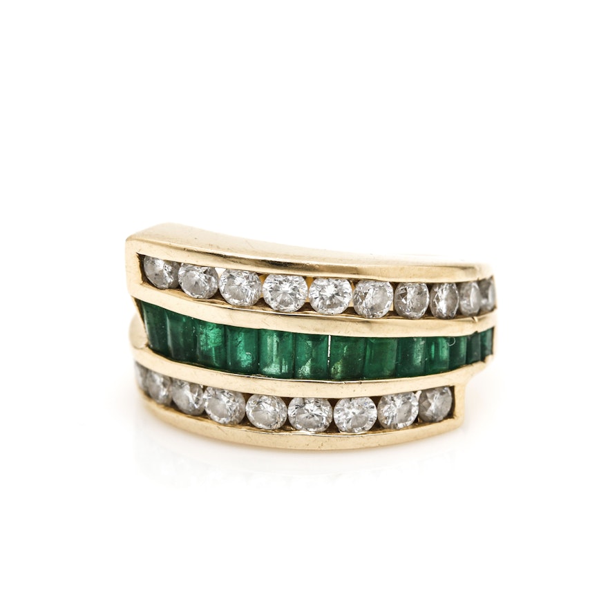 14K Yellow Gold Emerald and 1.20 CTW Diamond Bypass Ring