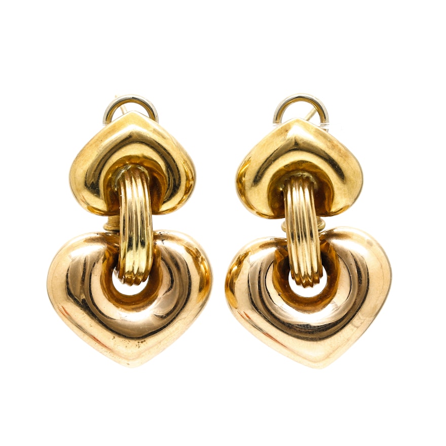 18K Yellow Gold Electroform Heart Omega Back Earrings