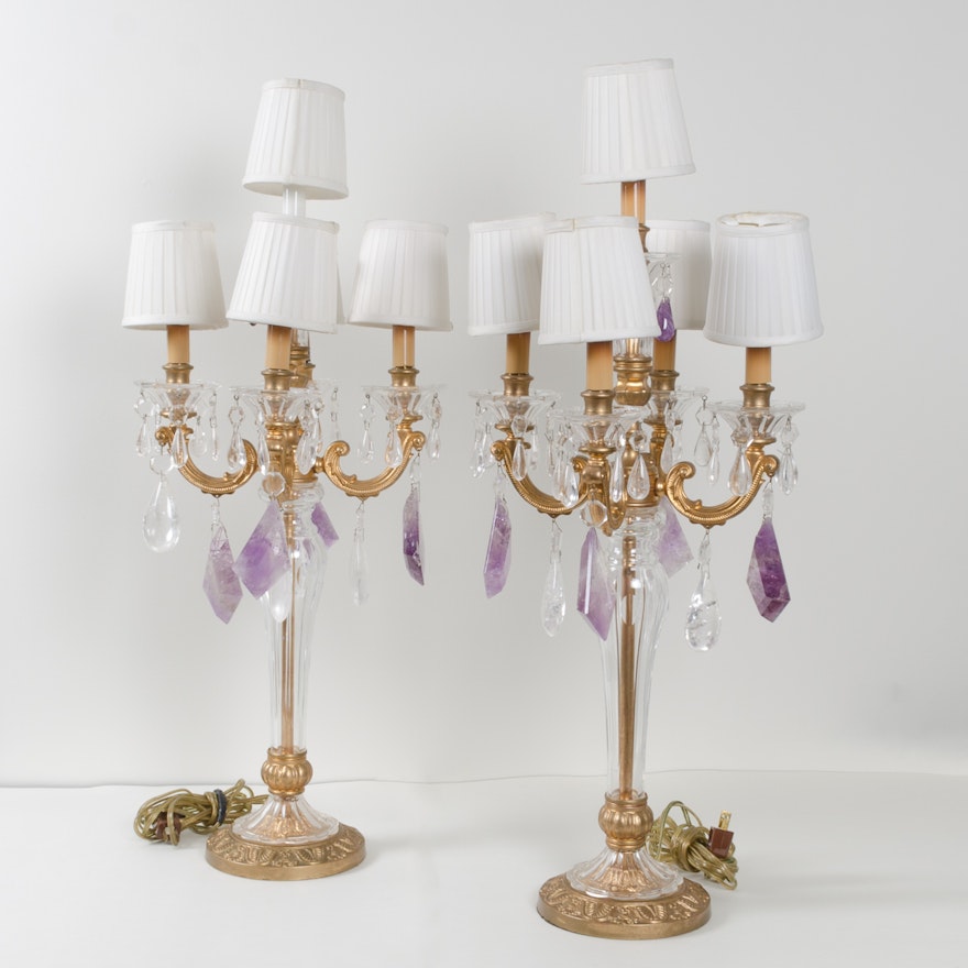 Vintage Candelabra Table Lamps with Glass Prisms