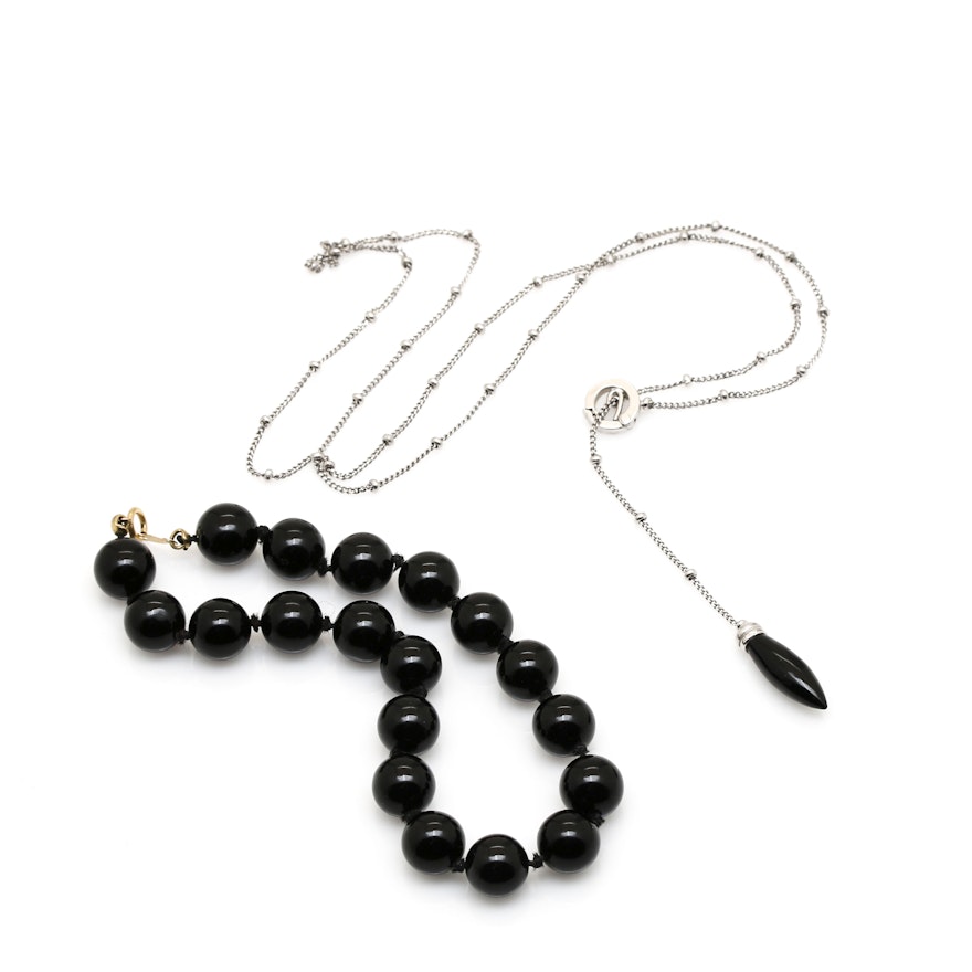 14K White Gold Black Onyx Necklace and Bracelet