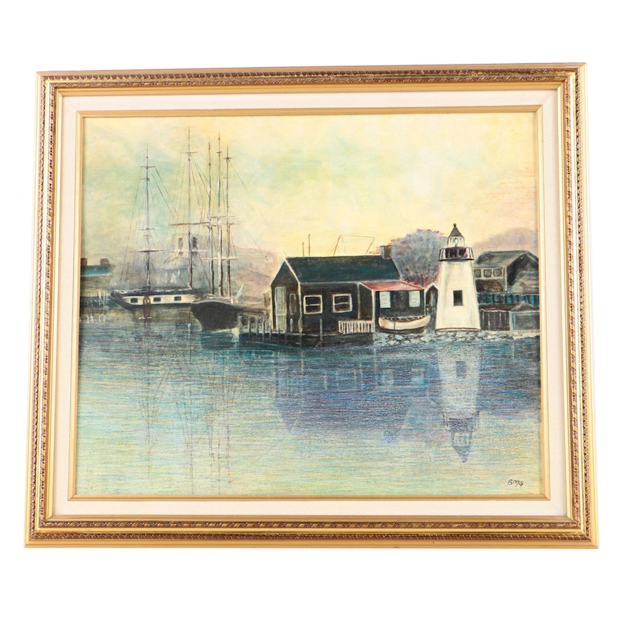 Barbara M. Gunderson Mixed Media Painting of a Harbor "Mystic"