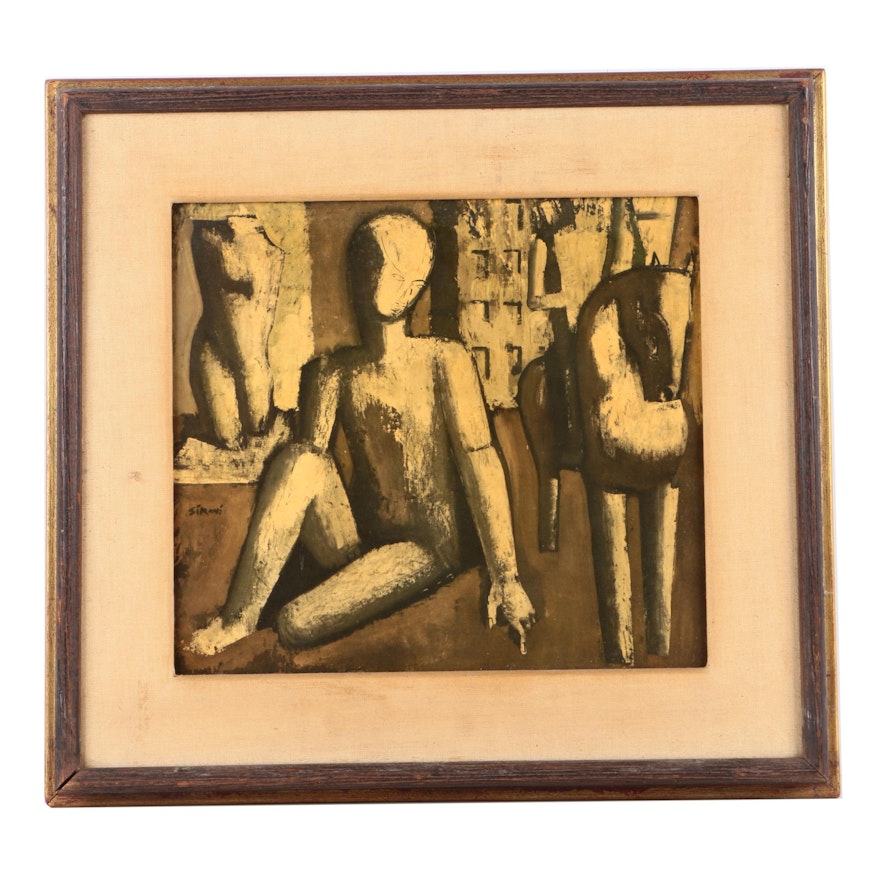 Offset Lithograph on Wood Panel Attributed to Mario Sironi "Mannequin"