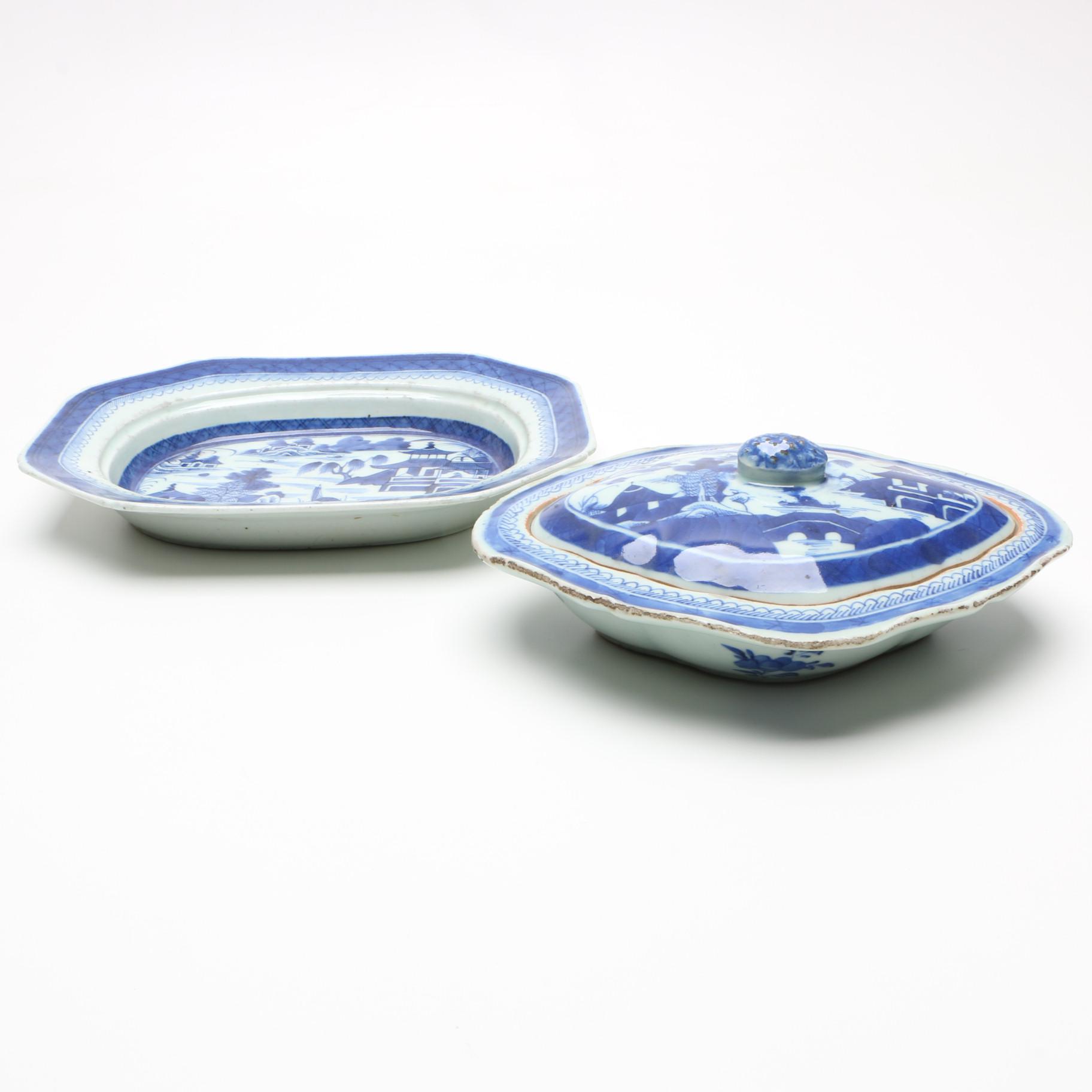 Antique Canton Covered Casserole and Meat Dish