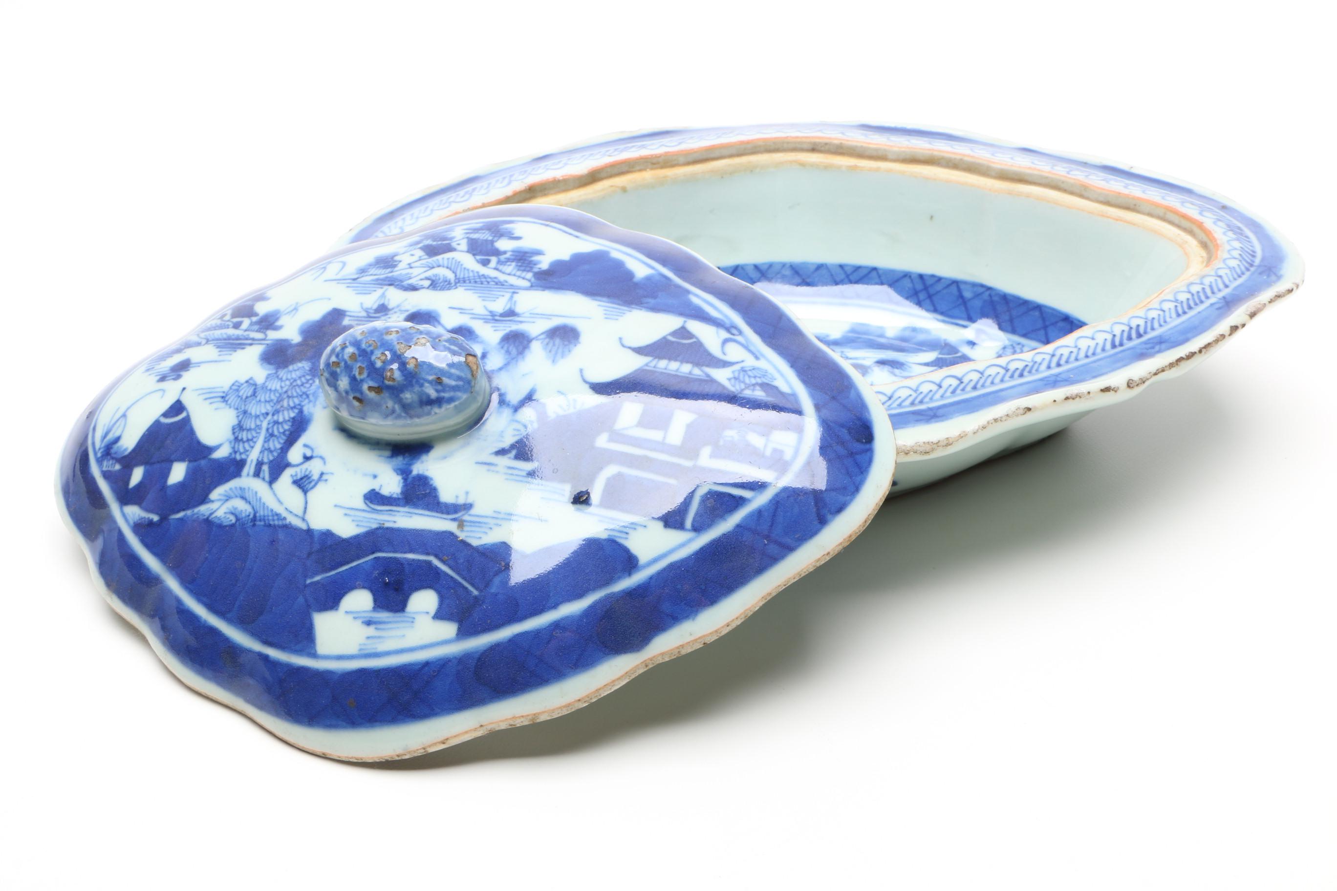 Antique Canton Covered Casserole and Meat Dish