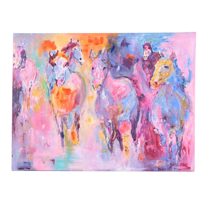 Embellished Giclee Print on Canvas of Horses